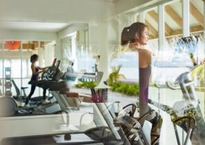 Žena cvičí na&nbsp;eliptickém trenažéru ve&nbsp;světlé tělocvičně s&nbsp;velkými okny, v&nbsp;nichž se odráží vybavení a&nbsp;tropická krajina venku, včetně palem a&nbsp;výhledu na&nbsp;oceán.