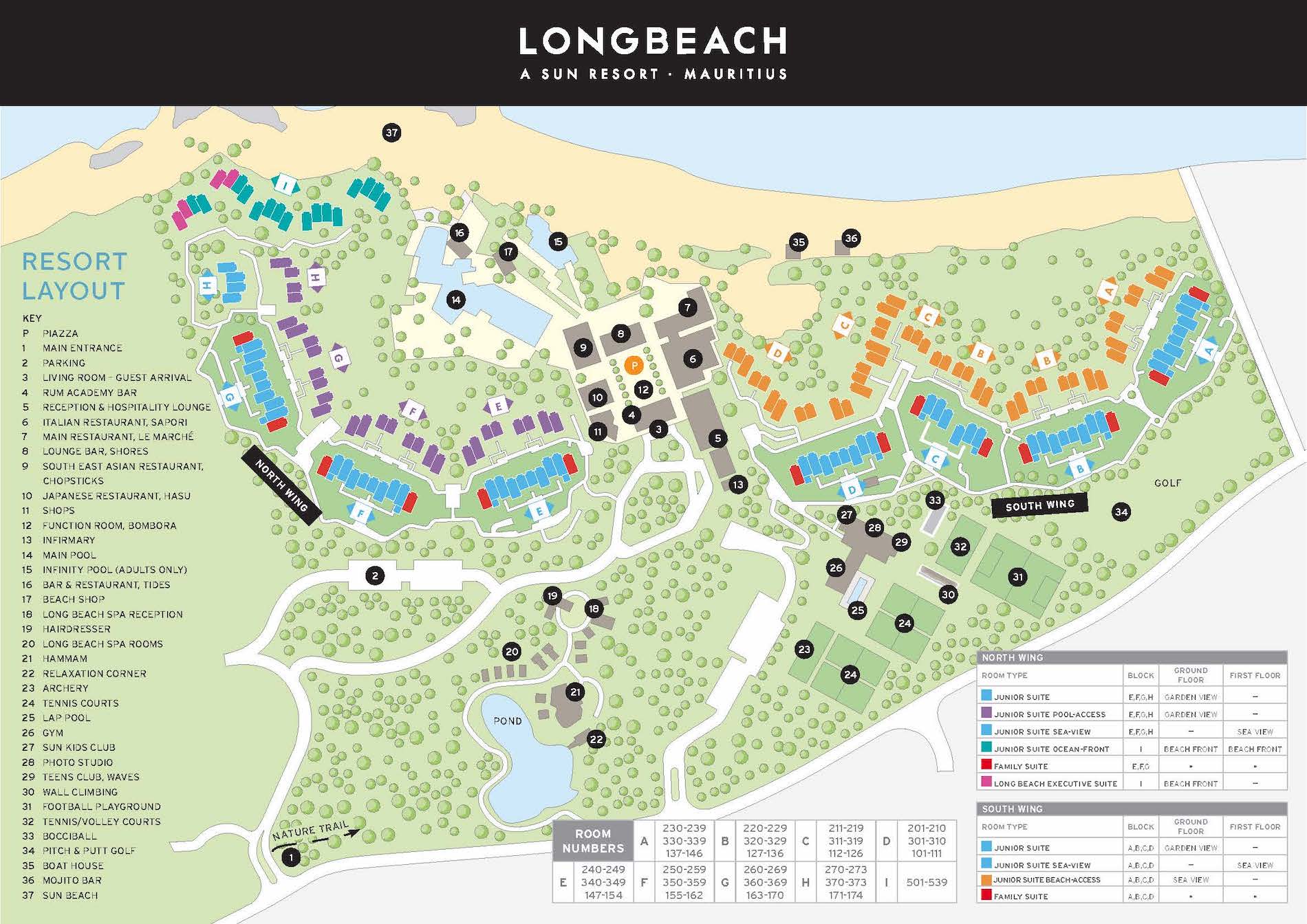 Mapa Long Beach Resort na Mauriciu s barevně označenými budovami, pokoji a zařízeními, jako jsou bazény, restaurace, lázně, dětský klub, tenisové kurty a pláž, s legendou a tabulkou s čísly pokojů vpravo dole.