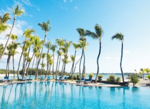 Luxusní venkovní bazén obklopený vysokými palmami s&nbsp;lehátky podél okraje, s&nbsp;výhledem na&nbsp;klidnou vodní plochu pod jasně modrou oblohou.