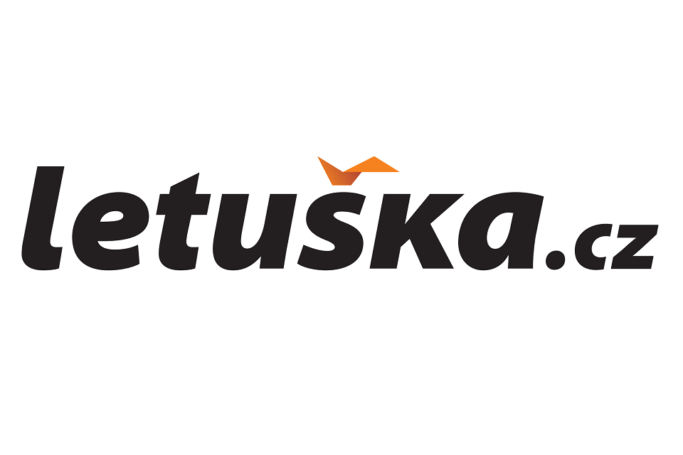 Logo letuska.cz s tučným černým textem a oranžovou ikonou papírového letadla nad písmenem u na bílém pozadí.