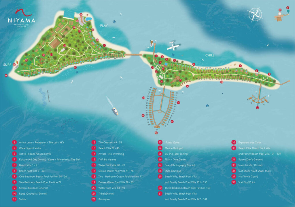 Ilustrovaná mapa resortu Niyama Private Islands Maldives, na&nbsp;které jsou zobrazeny dva hlavní ostrovy s&nbsp;označením PLAY a&nbsp;CHILL, s&nbsp;vilami, restauracemi, doky, plážemi, lázněmi a&nbsp;rekreačními zařízeními, které jsou propojeny mostem přes tyrkysovou vodu.