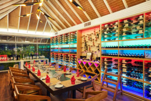 Moderní jídelna ve&nbsp;vinném sklepě s&nbsp;dlouhým stolem prostřeným k&nbsp;jídlu, dřevěnými židlemi, barevnými podsvícenými stojany na&nbsp;víno na&nbsp;stěnách a&nbsp;velkými okny propouštějícími přirozené světlo. Z&nbsp;klenutého stropu visí moderní svítidla.