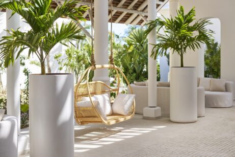 Moderní venkovní terasa s&nbsp;velkými bílými květináči s&nbsp;palmami, ratanovým závěsným křeslem s&nbsp;polštáři, bílými sloupy a&nbsp;dostatkem přirozeného světla vytvářejícím relaxační tropickou atmosféru.