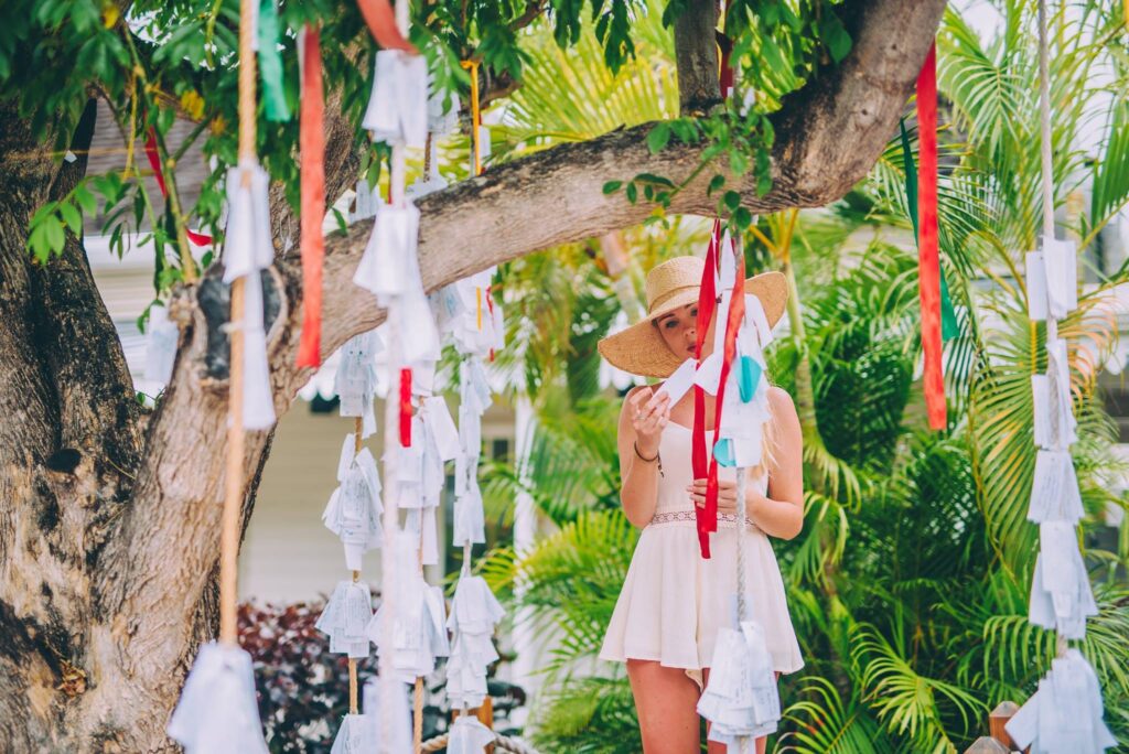 Strom přání s&nbsp;barevnými stuhami a&nbsp;vzkazy hostů v&nbsp;tropickém areálu hotelu LUX*