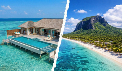 Srovnávací obrázek rozdělený bílou čarou. Vlevo je luxusní nadvodní vila s bazénem na Maledivách, vpravo písečná pláž a hora Le Morne na Mauríciu.