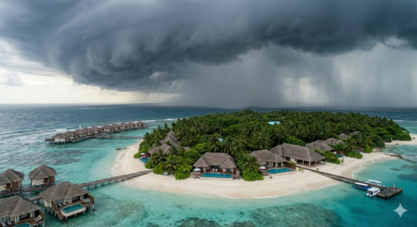 Letecký pohled na tropický ostrovní resort s bungalovy nad vodou, obklopený tyrkysovou vodou, když se blíží temná bouře - působivý moment zachycující proměnlivé Maledivy počasí.