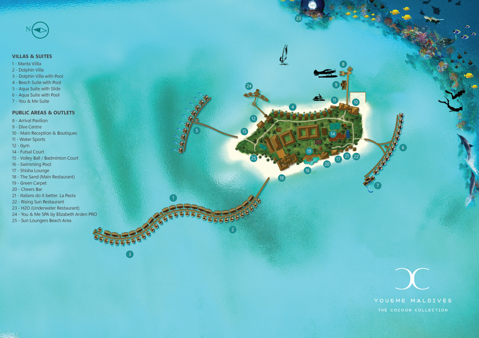 Mapa resortu you & me by cocoon Maledivy s&nbsp;vyznačením vil a&nbsp;šnorchlování.