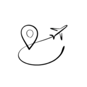 Jednoduchá černobílá čárová kresba letadla odlétajícího od špendlíku s&nbsp;křivou čarou spojující obě místa, která symbolizuje cestování nebo cestu.