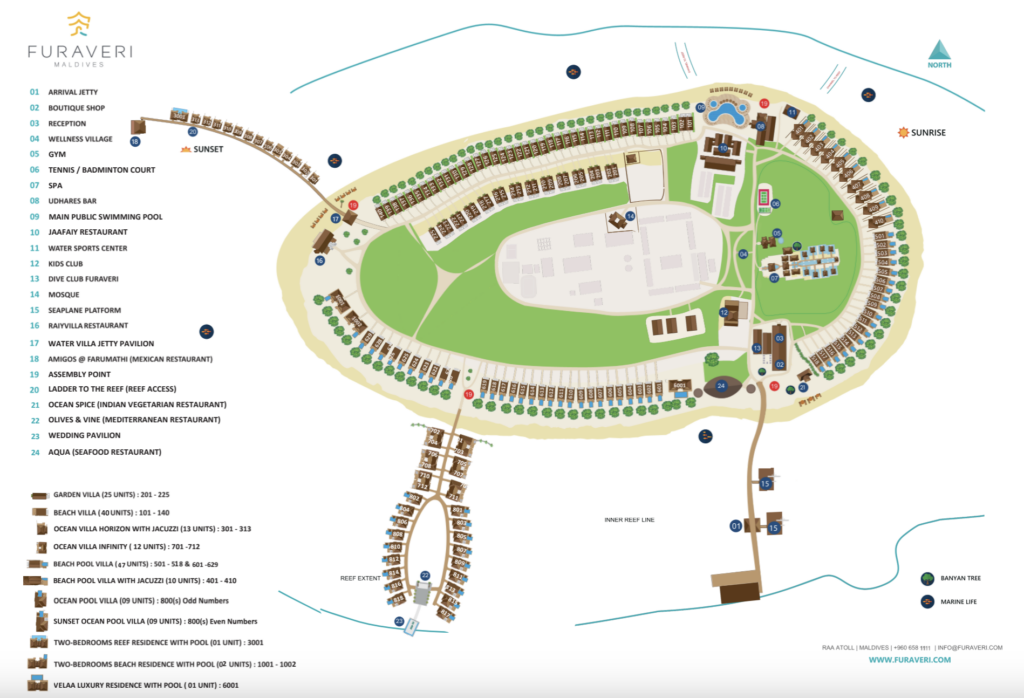 Mapa resortu Furaveri Maldives znázorňuje umístění vil, restaurací, recepce, bazénu, lázní, posilovny, potápěčských a&nbsp;vodních sportovních center a&nbsp;vil nad vodou podél mola, s&nbsp;ikonami označujícími klíčová místa a&nbsp;legendou vlevo.